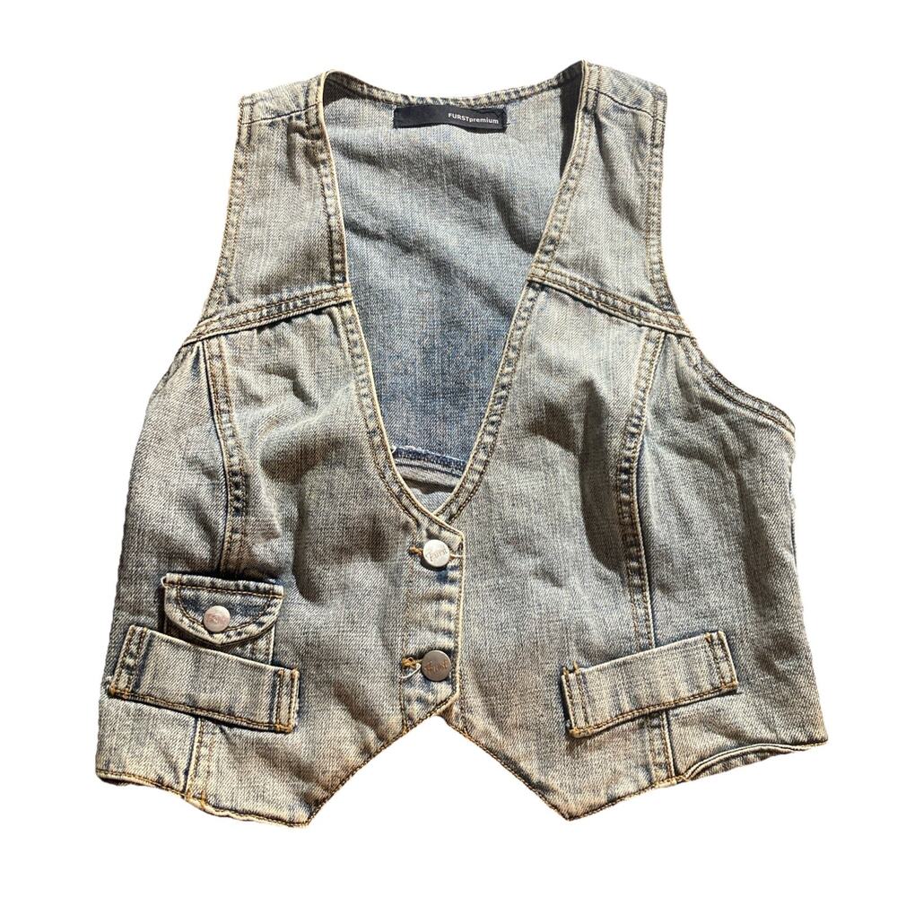 Grunge Y2K Furst Premium Denim Vest Button Front Size 10 Utility Cargo Style